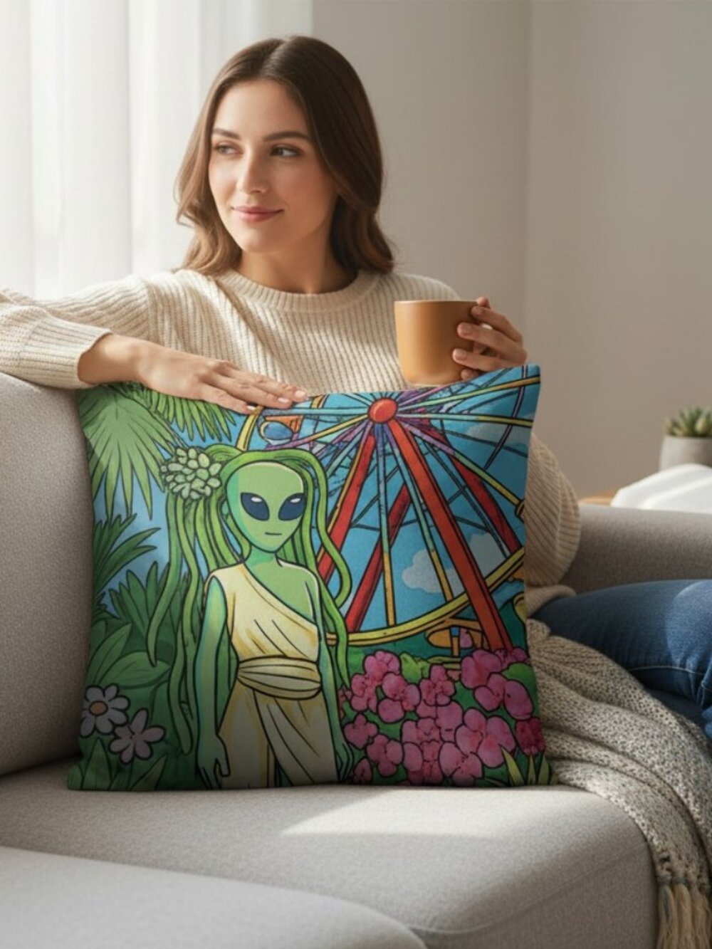 Alien Goddess at the Carnival Cushion Cover | Psychedelic Tropical Fantasy Throw